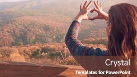  Presentation with hands heart - Audience pleasing PPT theme consisting of woman-making-heart backdrop and a tawny brown colored foreground
