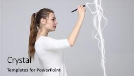  Presentation with renewable energy atmospheric pollution concept - PPT theme featuring woman making magic effect - flash background and a  colored foreground
