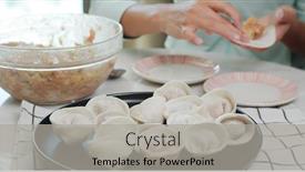  Presentation with dumpling - Beautiful presentation design featuring woman-making-meat-dumpling backdrop and a light gray colored foreground