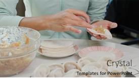  Presentation with dumpling - Slide deck having woman-making-meat-dumpling background and a light gray colored foreground