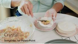  Presentation with dumpling - Cool new slide deck with woman-making-meat-dumpling backdrop and a coral colored foreground