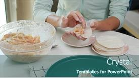  Presentation with dumpling - PPT theme featuring woman-making-meat-dumpling background and a ocean colored foreground