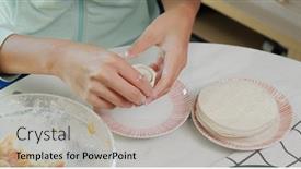  Presentation with dumpling - Colorful PPT theme enhanced with woman-making-meat-dumpling backdrop and a light gray colored foreground