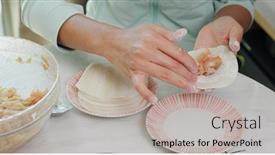 Presentation with dumpling - Amazing PPT theme having woman-making-meat-dumpling backdrop and a light gray colored foreground