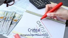  Presentation with tax refund - PPT theme with us dollars glasses financial - woman making notes in notebook background and a sky blue colored foreground
