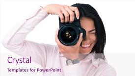  Presentation with camera - Presentation featuring woman making photo on camera background and a lemonade colored foreground