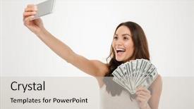  Presentation with mobile money - Slide set having woman making selfie on silver background and a  colored foreground
