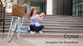  Presentation with cell - Presentation design consisting of woman making selfie with cell background and a light gray colored foreground