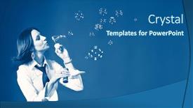  Presentation with making soap - Presentation theme with woman making soap bubbles on blue background with copy space happy lifestyle concept background and a ocean colored foreground