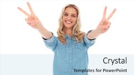  Presentation with years in the making - Presentation theme featuring woman making the victory sign background and a  colored foreground