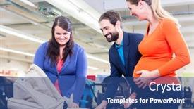  Presentation with testing - Amazing theme having woman man and sales lady in baby store testing buggy backdrop and a ocean colored foreground