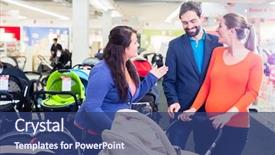  Presentation with retail store - PPT layouts consisting of woman man and sales lady background and a ocean colored foreground