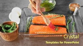  Presentation with salmon dish - Beautiful PPT layouts featuring woman marinating salmon fillet in baking dish backdrop and a red colored foreground