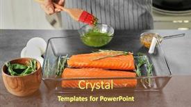  Presentation with salmon dish - Slide deck with woman marinating salmon fillet in baking dish background and a red colored foreground