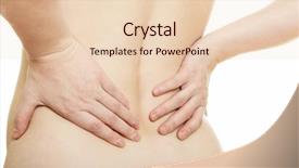  Presentation with back pain - Presentation enhanced with woman massaging pain back isolated over a white background background and a lemonade colored foreground