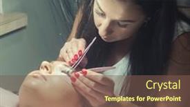  Presentation with salon - Presentation design with woman-master-in-salon-making background and a violet colored foreground