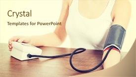  Presentation with blood pressure - Presentation theme with woman measures her blood pressure background and a  colored foreground