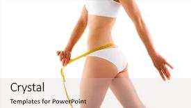  Presentation with slim body - PPT theme with woman measuring her slim body isolated on white background background and a lemonade colored foreground