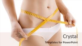  Presentation with slim body - PPT theme featuring woman measuring her slim body isolated on white background background and a coral colored foreground