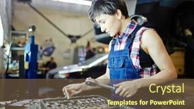  Presentation with spare parts - PPT theme with woman-mechanic-choosing-spare-parts background and a  colored foreground
