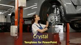  Presentation with car brake - Presentation with woman-mechanic-fixing-wheel-hub background and a tawny brown colored foreground