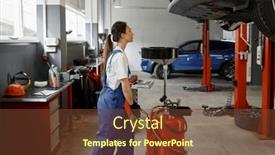  Presentation with car engine - PPT layouts consisting of woman-mechanic-pushing-device and a tawny brown colored foreground