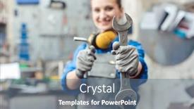  Presentation with mechanic tools - Cool new presentation theme with woman mechanic showing tools to the camera holding wrench in her hand backdrop and a ocean colored foreground