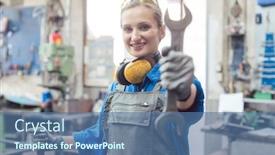  Presentation with mechanic tools - Colorful PPT layouts enhanced with woman-mechanic-showing-tools backdrop and a ocean colored foreground
