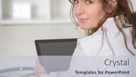  Presentation with consulting - Audience pleasing slides consisting of woman-medical-doctor-using-tablet backdrop and a light gray colored foreground