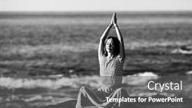  Presentation with beach rocks - PPT theme featuring woman-meditating-on-rocks background and a gray colored foreground