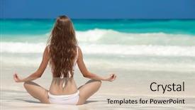  Presentation with meditation reiki - Cool new PPT layouts with woman meditation at tropical beach backdrop and a soft green colored foreground