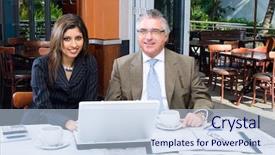 Presentation with one young man exercising handball - Presentation theme with woman meeting in coffee shop background and a sky blue colored foreground