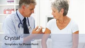  Presentation with patient and doctor - Slide set consisting of woman menopause - doctor with female patient background and a light blue colored foreground