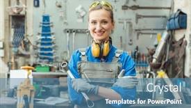  Presentation with camera - Amazing slide deck having woman-metalworker-with-tool-posing backdrop and a teal colored foreground