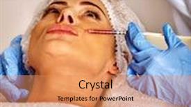  Presentation with aesthetic medicine - Slide set with woman middle-aged in spa salon with beautician beauty female giving injections aesthetic medicine background and a coral colored foreground