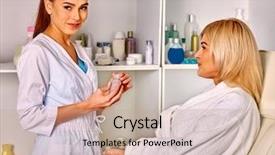  Presentation with beautician - Audience pleasing presentation design consisting of woman middle-aged in spa salon with young beautician looking at camera backdrop and a coral colored foreground