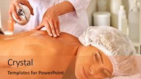  Presentation with aged care - Audience pleasing slides consisting of woman middle-aged take back massage in spa salon with young beautician care of health backdrop and a gold colored foreground