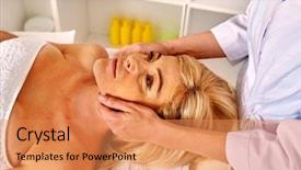  Presentation with face massage spa skin - Beautiful slide deck featuring woman middle-aged take face backdrop and a  colored foreground