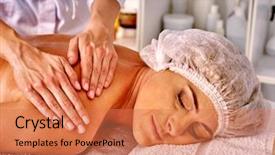  Presentation with beautician - Slide set featuring woman middle-aged with eyes take back massage in spa salon with young beautician background and a coral colored foreground