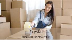  Presentation with moving - Audience pleasing slide set consisting of woman moving home packing box backdrop and a  colored foreground