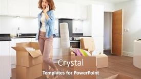  Presentation with mobile home - Beautiful theme featuring woman moving into new home talking on mobile phone backdrop and a coral colored foreground