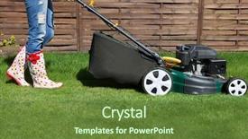  Presentation with gardening - Presentation design consisting of woman mowing with lawn mower background and a tawny brown colored foreground