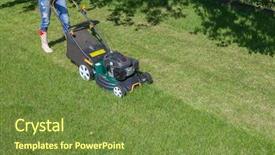  Presentation with gardening - PPT theme having woman mowing with lawn mower background and a tawny brown colored foreground