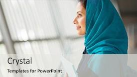  Presentation with eastern - PPT layouts having woman muslim - side view of a pretty background and a white colored foreground
