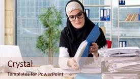  Presentation with muslim - Slide set with woman muslim employee working background and a lemonade colored foreground