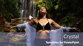  Presentation with waterfall woman - Colorful PPT theme enhanced with woman-near-labuhan-kebo-waterfall backdrop and a seafoam green colored foreground