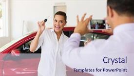  Presentation with car picture - Colorful slide set enhanced with woman next to her new backdrop and a sky blue colored foreground