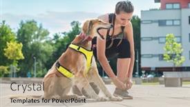  Presentation with morning sunrise - PPT theme featuring woman-of-runner-and-dog background and a coral colored foreground