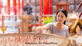  Presentation with chinese temple - Presentation theme enhanced with woman-offer-incense-stick background and a coral colored foreground