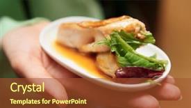  Presentation with banquet - Presentation theme enhanced with woman offering small snack background and a tawny brown colored foreground